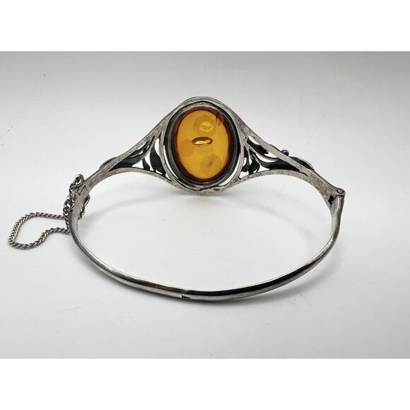 Vintage Art Nouveau Style Baltic Amber Sterling Silver Hinged Bangle Bracelet - Picture 11 of 16